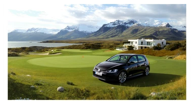 black Golf 4 with, in background is modern huge two flors white villa, in distance are iceland mountains, rule of thirds, shot on gopro hero, noise camera sticker