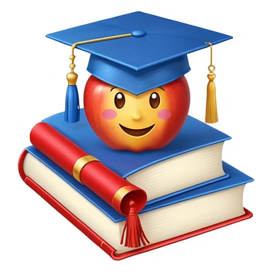 Apple emoji style graduation cap with a blue tassel, floating above an open book, clean background, cheerful sticker