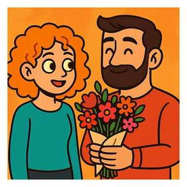 a curly haired girl with yellow eyes and hair parted from the right side, with a handsome bearded man holding a bouquet, cartoon, warm, and inviting sticker