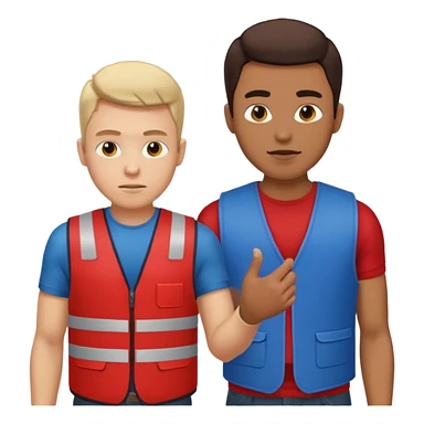 A guy with a red vest trying to tab a guy with a blue vest sticker