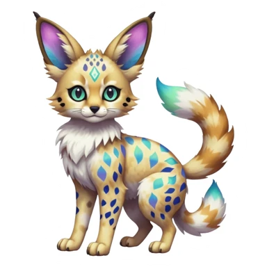 Rare iridescent white exotic epic aesthetic colorful Trico-Eevee-Serval-Genet-species-Fakemon-hybrid-creature, with intricate tattoo markings, full body sticker