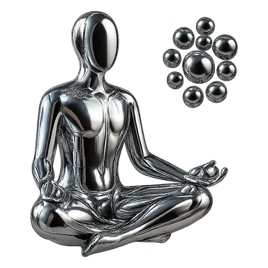 reflective chrome silhouette of a meditating person with a cluster of chrome spheres floating nearby, highly metallic sticker