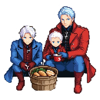 Dante and Vergil from Devil May Cry sitting together in a KFC family bucket, Dante in red coat, Vergil in blue coat, both with white hair sticker