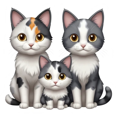 3 different coloured small cats including a dark grey and white, and a patchy calico and a solid grey with only white paws sticker