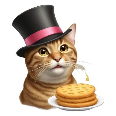 tabby cat with a tophat and a bow trying to eat food sticker