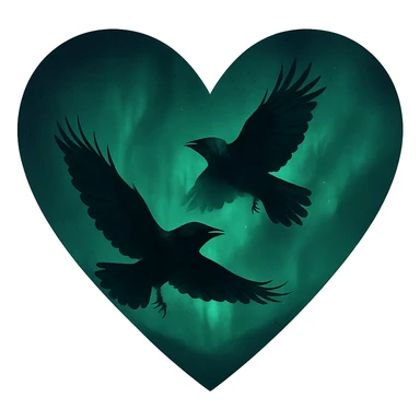  heart with green night sky and dark ravens, remove background sticker
