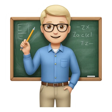 A cute and detailed emoji of a male teacher writing on a chalkboard. The teacher is smiling, wearing glasses, and dressed in a casual shirt and pants. He is holding a piece of chalk and writing something on the blackboard. sticker