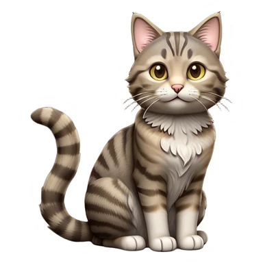 cinematic-[grey brown tabby cat]-realistic-full-body-sitting-emoji,-tail-curled-playfully-around-its-paws,-head-tilted-dramatically,-scruffy-[grey]-fur,-simplified-yet-realistic-focused-features,-highly-detailed,-glowing-with-an-almost-sarcastic-glow sticker