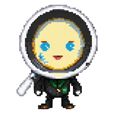 A pixelated character looking through a magnifying glass sticker