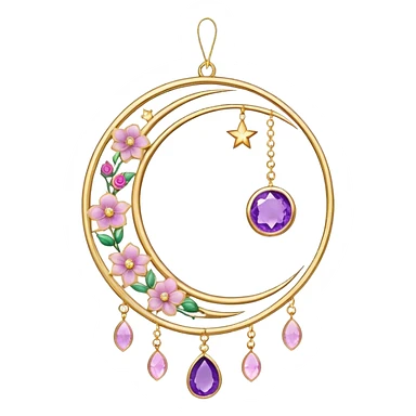 Epic beautiful gorgeous cute gold suncatcher, threads with shiny sparkly amethyst and rose-quartz gemstones, flowers, crescents-moons sticker