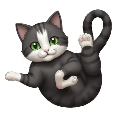 beautiful female solid dark grey cat with green eyes, white toes/paws and white patch on her chest playfully rolling upside down sticker
