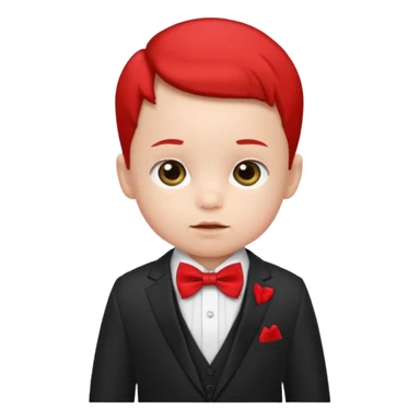 baby boy in suit, with red bow sticker
