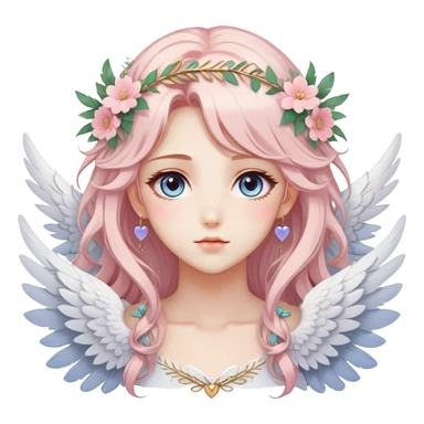 Dreamy pretty pastel anime flowers feathers hearts wings angelic laurel lady with pretty hair and gorgeous eyes aesthetic sticker