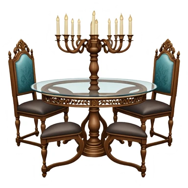 A glass topped ding table with 2 side benches and 2 thrones at the ends sticker