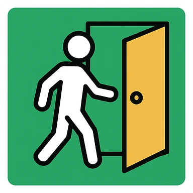 minimalistic icon of a white human figure walking through an open outlined door, viewed from the front, door with visible doorknob, solid green background, flat simple clean lines, high contrast sticker