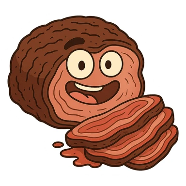cartoon style brisket, exaggerated juicy slices, bright colors, no background sticker