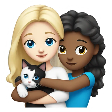 Blonde girl blue eyes hugging black and white cat sticker