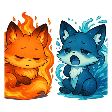 Transform the magical chibi fox duo into elemental beings: one fox with fire powers featuring flames and a fiery aura, the other with water powers featuring waves and a water aura. Keep the background transparent. sticker