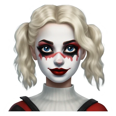 Dalahäst in Harley Quinn style, oil paint, mysterious eyes, intricate lips, masterpiece portrait, odd perspective, beautiful, desirable, logical sticker