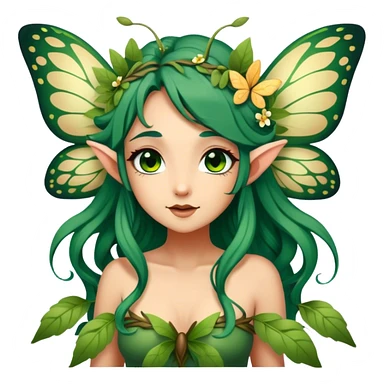 Cinematic Realistic Forest Nymph Fairy Portrait, head tilted playfully and inquisitively, showcasing a nature-inspired form with intricately detailed, sunlit tanned skin and cascading dark green hair interlaced with leaves and blossoms showing her large butterfly wings from her back. Her bright, curious eyes sparkle with forest mischief, rendered with lifelike clarity and warm, dappled lighting that captures the spirit of an enchanting woodland fairy ready to dance among the trees. sticker