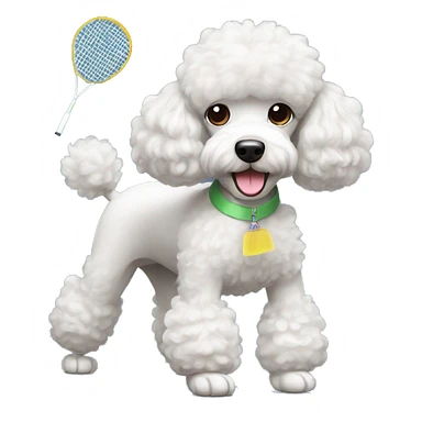 a poodle playing badminton with visible shuttlecock sticker