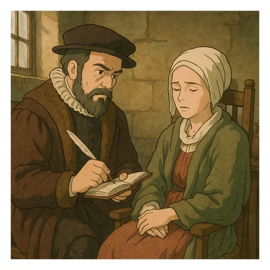 A doctor from the 1500s in Europe making written notes about a sick female patient in his care by carefully observing the patient who is ill and sitting in a chair in their home. sticker