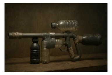 realistic cobbled-together rifle using household tubes and bottles, with visible repairs, tape, and a post-apocalyptic, resourceful look sticker