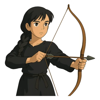 ghibli style girl with olive skin, gray eyes, black hair in a side braid, black outfit, bow and arrow sticker