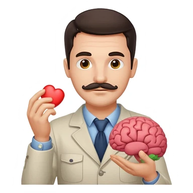 attractive man with dark hair and down turned mustache holding a brain as an emoji sticker