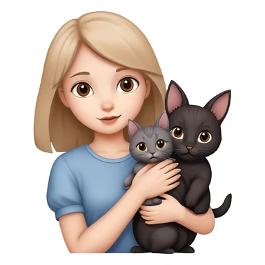 girl holding three animals: brown rabbit, gray cat, black kitten sticker