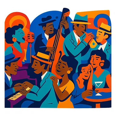 1940s jazz nightclub scene, vibrant toon style, energetic colors, no text sticker