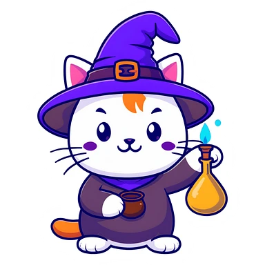 mystical cat with magic potion and witch hat sticker