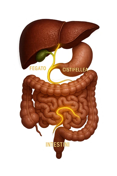 A detailed anatomical illustration-style image focusing on the human torso, highlighting the liver, gallbladder (cistifellea), and intestines. The organs are shown with realistic textures and colors: the liver in deep reddish-brown, the gallbladder as a small greenish sac tucked under the liver, and the intestines in soft pinkish hues. Connecting these organs are glowing, semi-transparent lines or light trails in vibrant colors (e.g., bright yellow or green) that visually trace the functional and physiological links between them. The lines flow smoothly from the liver to the gallbladder and then down to the intestines, symbolizing bile flow and digestive processes. The background is a subtle dark gradient that enhances the brightness and clarity of the lines and organs. The style is a blend of medical illustration and modern digital art, clear, precise, and visually engaging sticker