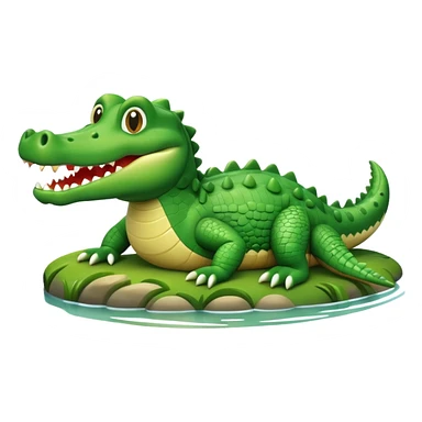 A cute 3D cartoon crocodile resting on a riverbank, part of its body in the water. Smooth rounded design, bright colors, soft lighting, friendly expression, Memoji-style realism. sticker