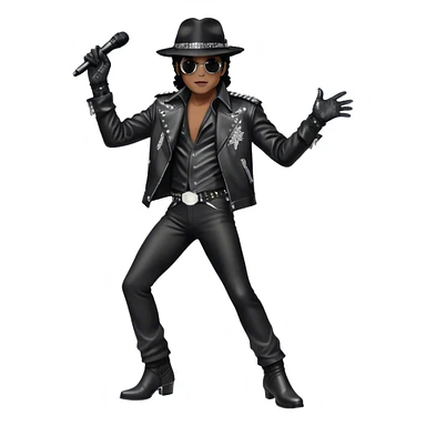 Michael Jackson on stage with microphone buttonhole in full body, wearing his iconic concert costume—black leather jacket, sequined glove, fedora, and boots. He strikes a powerful pose, embodying the energy of R&B music. Transparent background. sticker