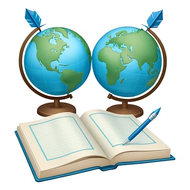 Create an emoji representing language translation. The design should feature a single globe in the background, symbolizing international communication. In front of the globe, place two books or sheets of paper, with a pen nearby to indicate the act of writing. Add two arrows pointing in opposite directions between the sheets to represent the translation process. Use a clean and professional color palette with blues, greens, and neutral tones. Do not include any emojis or smiley faces. Make the background transparent sticker