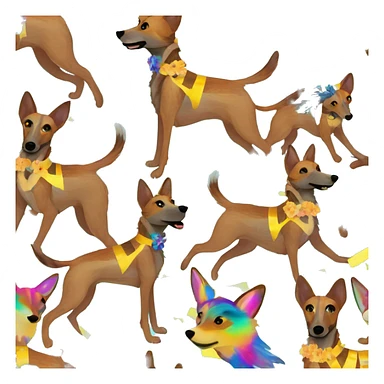  brindle brown black maroon striped lurcher Alsatian fox running blue eyes and iridescent holographic oilslick harness wearing paper iridescent tropical flower crown yellow caution tape sticker