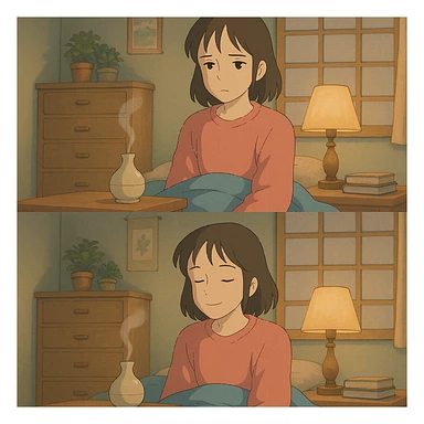 a girl in a bedroom, looking sad, then smelling a scent like from a candle or diffuser, her mood changing to relaxed, ghibli style sticker