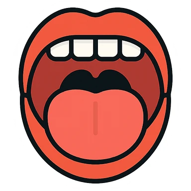 Schematic open mouth with visible tongue, symbolizing speech articulation and sound practice. Vector style, clean and sharp lines. Include realistic shadows and light reflections for depth. Minimalistic, educational design. Transparent background. High contrast between tongue, teeth, and lips for clarity. Flat illustration with soft shading, suitable for speech therapy materials sticker
