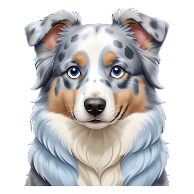 Cinematic Noble Blue Merle and White Australian Shepherd Portrait Emoji, Poised and regal, with a strong, agile build and a well-groomed blue merle coat accented by crisp white markings, piercing blue eyes, Simplified yet sharp and sophisticated features, highly detailed, glowing with a soft, dignified glow, high shine, intelligent and loyal, stylized with an air of strength, focused and attentive, soft glowing outline, capturing the essence of a watchful and confident herder, so majestic it feels as though it could step out of the screen with effortless authority! sticker