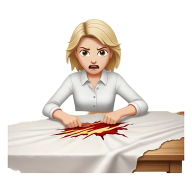 White woman ripping a white tablecloth off of a wooden table in anger sticker