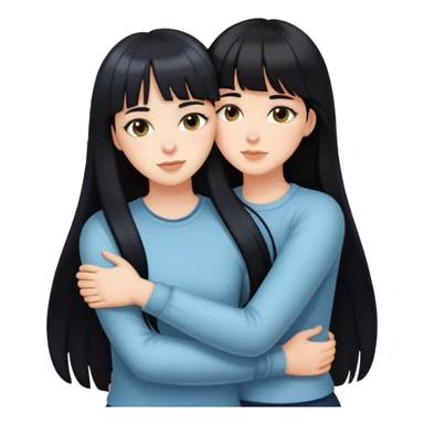 two white girls with long black hair hugging, one girl has bangs sticker