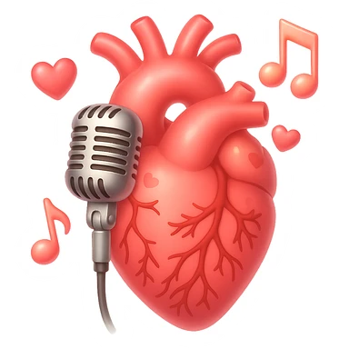 Make the anatomical heart with old-school microphone and music notes even more romantic in emoji style. Add subtle hearts, soft highlights, and a gentle glow. No background. sticker
