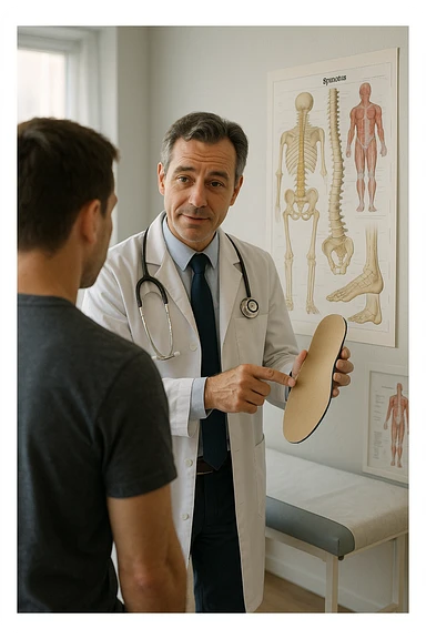 A realistic, cinematic illustration of a professional male doctor in his mid-40s, wearing a white coat, calmly explaining to a patient the benefits of using orthopedic insoles (plantari) for posture correction. The doctor holds a custom insole in his hand while pointing gently to a detailed anatomical poster showing the human spine, pelvis, and feet, illustrating the connection between foot alignment and posture. The setting is a bright, clean medical office with soft natural lighting, a treatment table, and educational anatomical charts in the background. The patient, seen from behind, listens attentively, while the doctor maintains a warm, knowledgeable expression, emphasizing preventive care and body alignment through plantar support. The scene feels trustworthy, modern, and health-focused. sticker