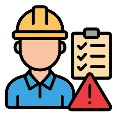 an engineer with a checklist and warning signs, color outline icon style sticker