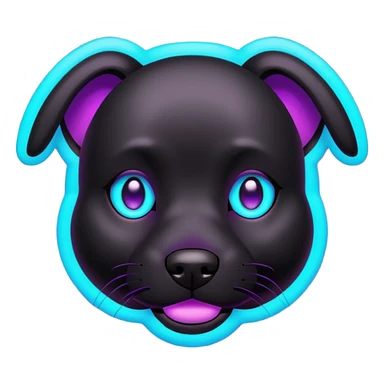 futuristic glowing black dog emoji, neon cyan eyes, purple #8B5CF6 highlights, tech minimal style, dark background sticker