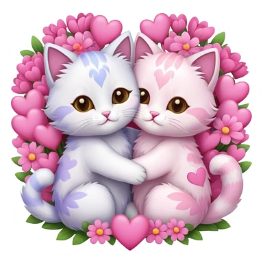 Cute cats hugging each other surrounded by pink hearts and flowers  sticker