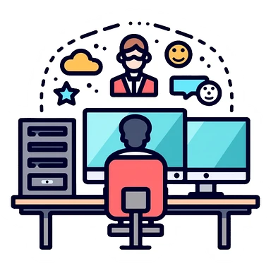 Senior IT Specialist with advanced workstation, multiple monitors, server, cloud icons, leadership symbols sticker