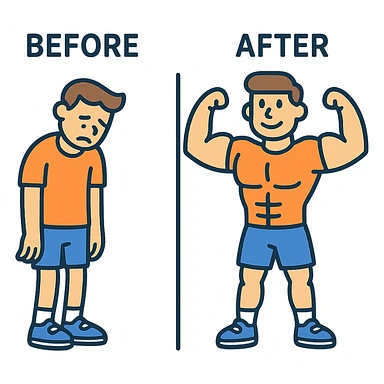 in the picture is devided in to two parts, at the first the sportsman is weak and lazy, but at the second picture the same sportsman is very strong because he doing a workout regularly. There is no line between the picture, at the first picture the is a word before, in the second picture there is a word after sticker
