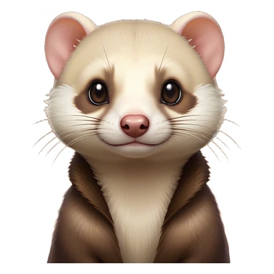 Cinematic Noble Ferret Portrait Emoji, Poised and dignified, with a sleek, elongated body and a distinct ferret head featuring a pointed snout, small, rounded ears, and intelligent, beady eyes, covered in soft, sleek fur with natural brown and cream hues, Simplified yet sharp and sophisticated features, highly detailed, glowing with a warm, natural glow, high shine, exuding an air of quiet confidence, focused and watchful, soft glowing outline, capturing the essence of a clever and majestic ferret that feels as though it could leap from the screen with effortless grace! sticker